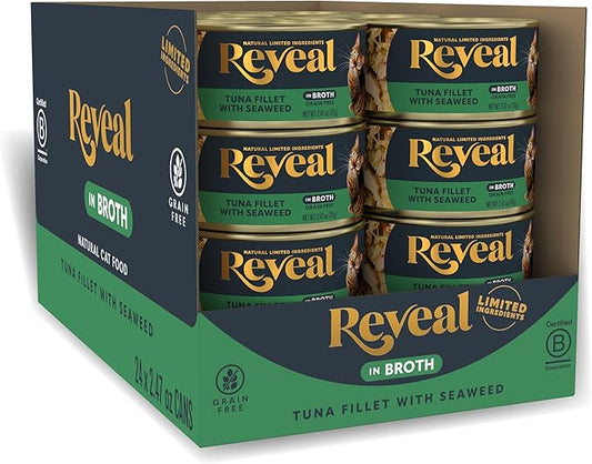 Reveal Natural Wet Cat Food, 24 Count, Grain Free, Limited Ingredient Canned Food for Cats, Tuna with Seaweed in Broth, 2.47 oz Cans