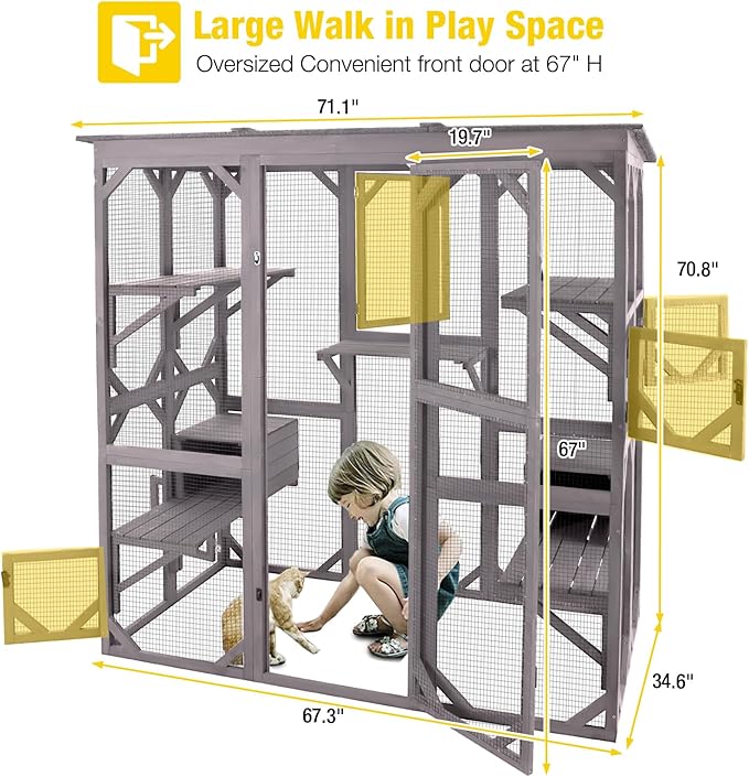 Aivituvin Cat House Outdoor Catio Kitty Enclosure with Super Large Enter Door,Wooden Cat Cage Condo Indoor Playpen with Platforms,Small House 71 Inch