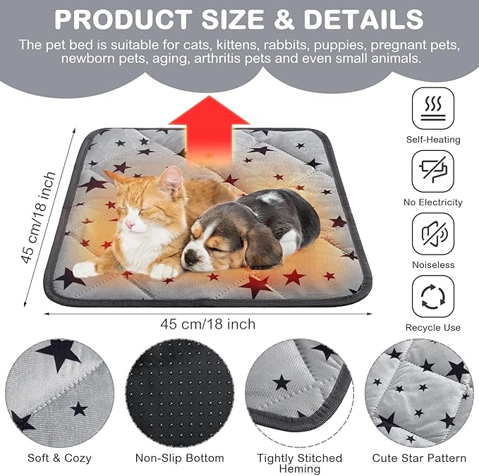 Namalu 4 Pack Self Warming Cat Bed Self Heating Cat Mat Star Pattern Soft Dog Crate Pad Thermal Pet Mat Anti Slip Kennel Washable Dog Warming Bed for Outdoor Indoor(18 x 18 Inch,Square)