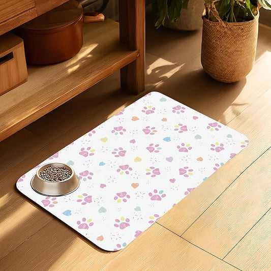 Pink Dog Paw Pet Feeding Mat for Floors-Absorbent Dog Bowl Mat for Food and Water, Quick Dry Pet Cat Feeding Mats with Non Slip Bottom, Mess-Free Dog Accessories 12"x20"