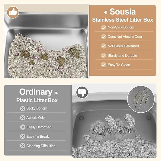 Sousia Stainless Steel Litter Box, Non-Sticky Anti-Leakage Easy Cleaning Metal Cat Litter Tray with Lid, High Wall Sides Enclosure and Scoop, Ideal for Big Cats, XL (Grey)