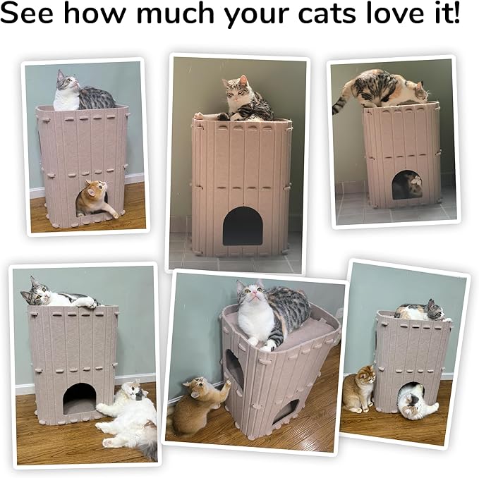 FUKUMARU Cat House for Indoor Cats, 2-Storey Large Cat Bed Cave, Cozy Felt Covered Cats Tunnel Condo Hideaway for Multicats, 17.72x14.37x23.62 inches, Beige