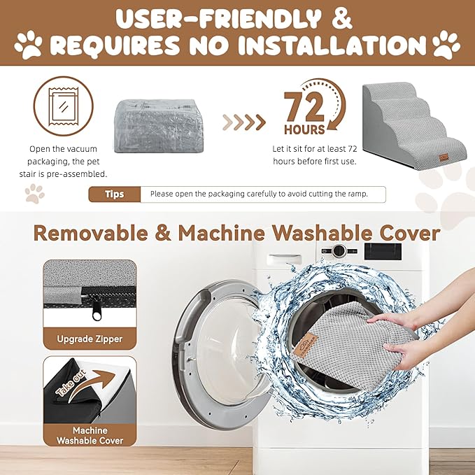 Dog Ramp and Stair for Bed 16" H-20 H,3-Step Cat Stair for Sofa and Chair,4-Step Dog Ramp for High Bed and Window,Durable Nonslip Fabric Cover for Indoor (Light Grey-20 H, Pet Friendly, 4)