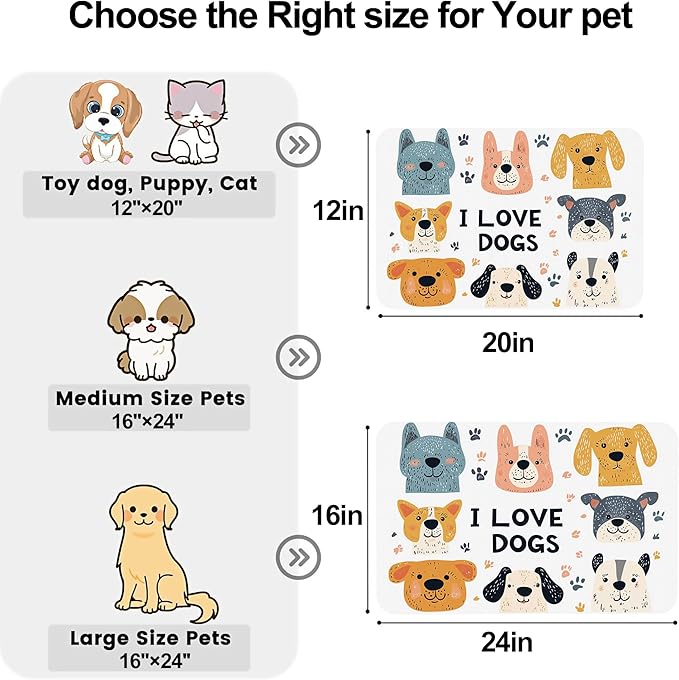 Cute Dogs Pet Cat Dog Food Mat-Absorbent Quick Dry Feeding Placemat for Water and Food, No Stains Rubber Base Mat for Indoor Use, Pet Accessories 12"x20"
