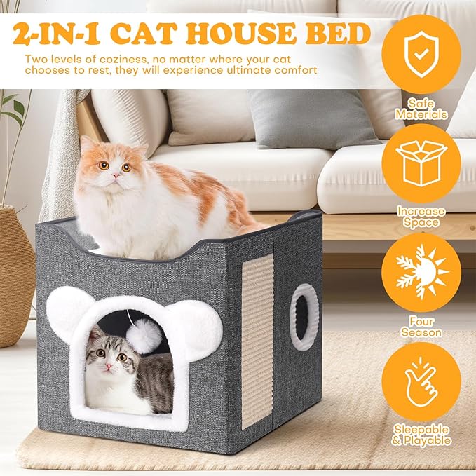 Cat Beds for Indoor Cats, Large Cat House Foldable Cat Cave with Scratch Pad and Hanging Fluffy Ball, Reversible Cushion Hideaway for Pet Cats, 16.5x16.5x13.2 inches, Dark Grey