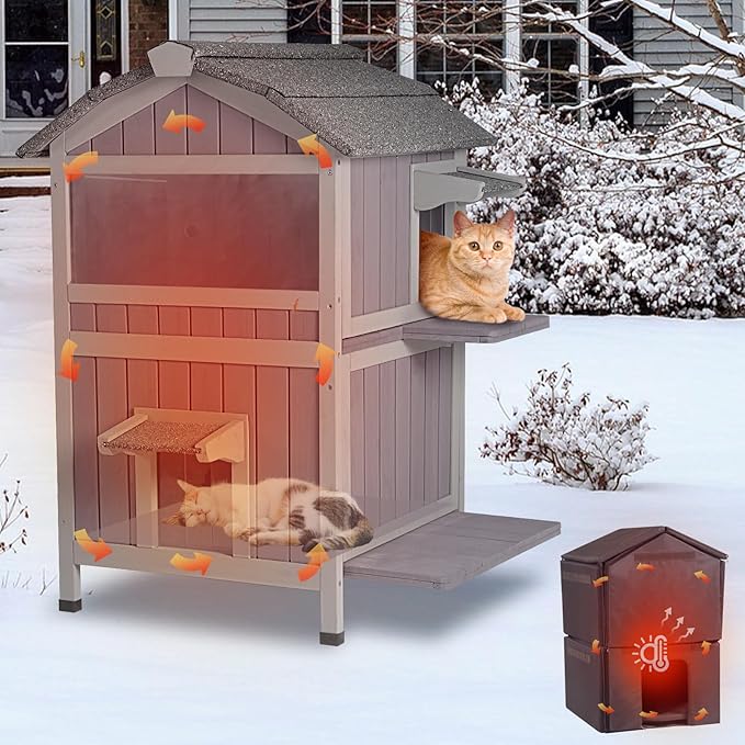GUTINNEEN Insulated Cat House Outdoor Weatherproof Feral Cat Shelter for Winter, Two-Story Kitten House with Escape Door