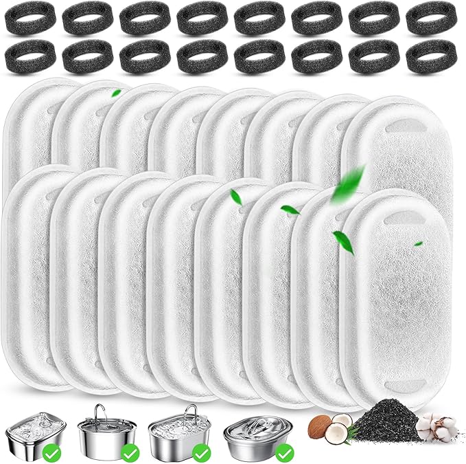 Cat Water Fountain Filters Replacement, 16 Pcs Pet Water Fountain Filter with 16 Pcs Foam Sponges for 67oz/2L & 108oz/3.2L Stainless Steel Pet Cat Water Fountain Dispenser Filters