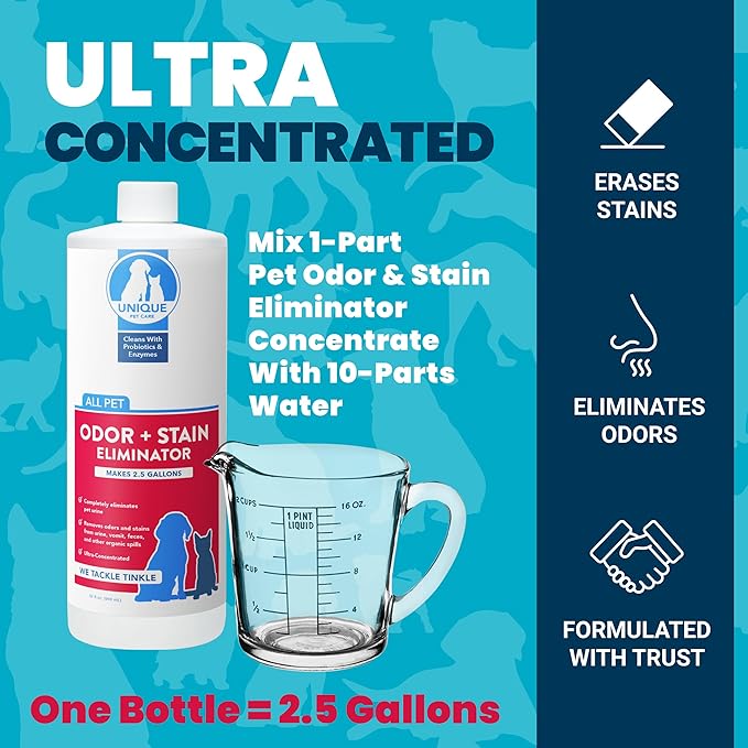 Unique Pet Odor and Stain Eliminator Liquid Concentrate - Makes Over 10 Gallons - Eliminates Pet Odors and Stains (128 oz)