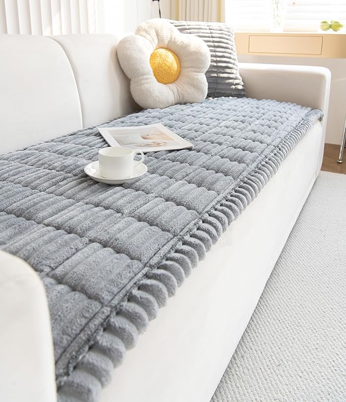Faux Fur Plush Dog Couch Cover 3D Stripe Fuzzy Sofa Cover Non-Slip Fluffy Dog Bed Cover Pet Blanket Sofa Couch Furniture Protector for Puppy Large Dog Cat (Light Grey,31"x47")