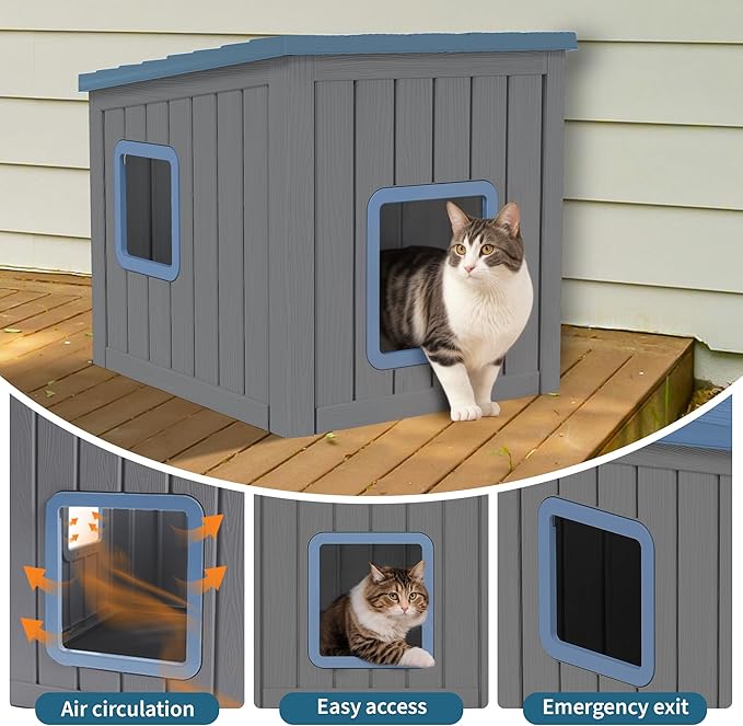 NUNU Outdoor Cat House – Weatherproof & UV Resistant PP Material Shelter with Sloped Asphalt Roof, Durable Cat Condo for Garden, Patio, and Backyard (Blue, Large)