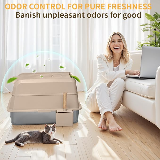 Stainless Steel Litter Box with Lid, XL Extra Large Cat Litter Box, Enclosed Metal Litter Pan with High Sided Enclosure & Scoop, Anti Leakage, Easy to Clean, Odor Control(Khaki)