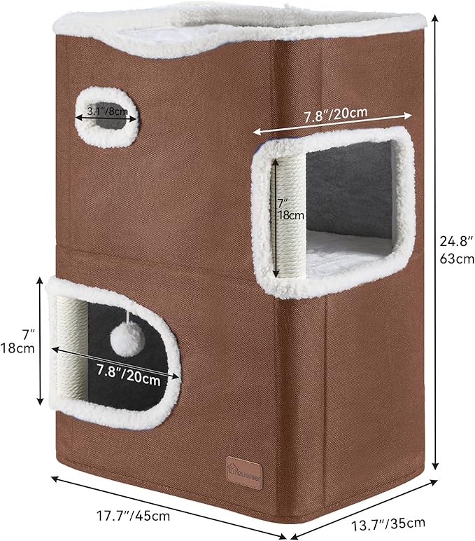 YITAHOME 2-Tier Cat House, Cat Beds for Indoor Cats, Small Cat Condo with Scratch Post and Hideaway Cave, Modern Cat Cube Playhouse for Multi Kittens, Brown