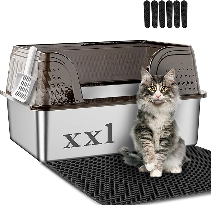 Suhaco Extra Large Stainless Steel Litter Box with Lid XXL High Sided Cat Litter Boxes Included Litter Mat & Litter Scoop Anti-Urine Leakage Metal Pet Toilet for Big Cats (Black XXL)