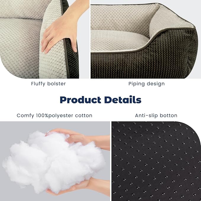 Miguel Cat Bed for Indoor Cats Washable Removable Cover - Small Pet Bed with Side Square Dog Bed Rectangle Soft Puppy Bed Bolster Cuddle Kitten Bed with Wall Slip-Resistant Bottom, Brown 20 Inch