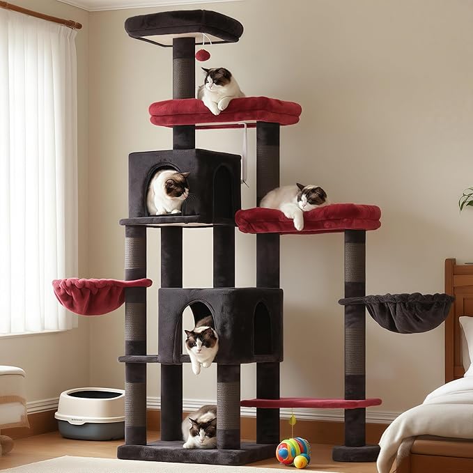 Hey-brother Cat Tree Tower, Scratching Posts with a Extended Part, Wide Platforms, Cozy Condos, Hammocks, Sisal Columns and Ball for Indoor Cats, 70.1 Inches, Black and Red MPJ038BR