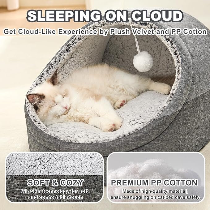Jiupety Cute Cat Beds for Indoor Cats, Cat Cave Bed for Kittens, Large Cat Cave and Covered Cat Bed with Anti-Slip Bottom, Washable Removable Cushion, M(16"x16"x13"), Dark Gray