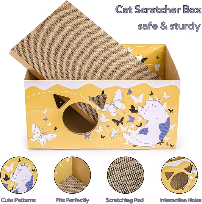 2 Pack Cardboard Cat Scratcher Boxes, 16.5 Inch Heavy Duty Cat Scratching Bed, Large Kitten Lounger with Double-Sided Scratch Pad, Hideaway House with Interactive Hole for Indoor Cats