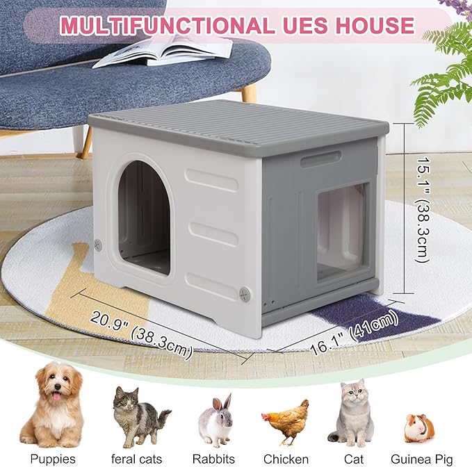 Hicaptain Cat Houses for Indoor Cats with Escape Door Plastic Outdoor Cat House Puppy Feral Cat Shelter for Small Medium Pets-Grey