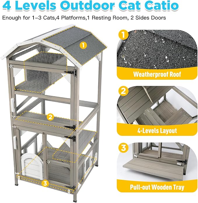 71'' Large Cat House Outdoor Catio Enclosures Indoor Kitten Cages with Attachable Window Resting Box,Waterproof Roof