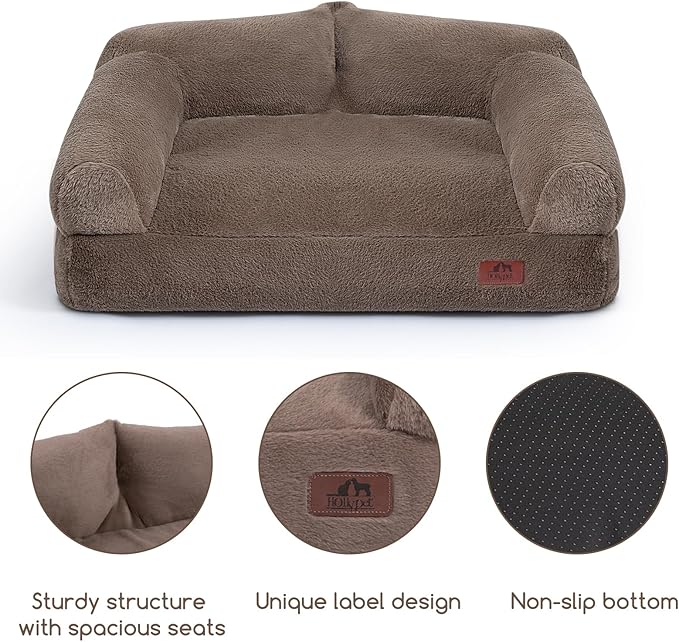 Hollypet Fluffy Plush Dog Cat Pet Couch Soft Calming Sofa Bed for Medium Small Cats and Dogs, Gray, 28"x21"x10"