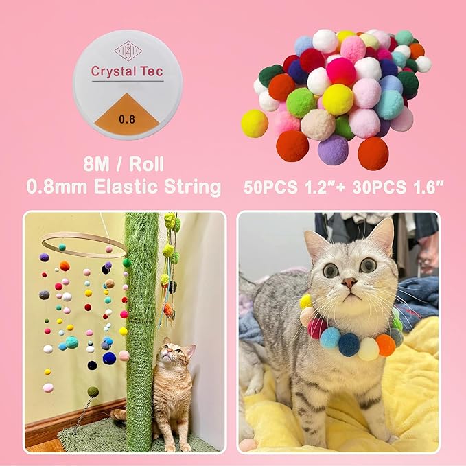 Soft Pom Pom Cat Toys - Plush Interactive Balls for Kittens & Indoor Cats, DIY Craft Decorations - Multi-Purpose Play, Training & Sensory Enrichment (1.2" 50pcs + 1.6" 30pcs)
