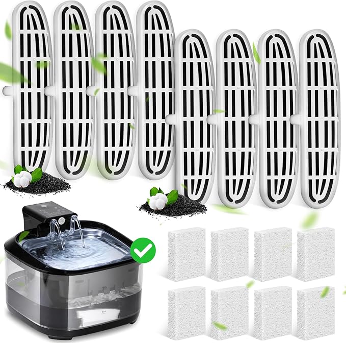 FT999 Cat Water Fountain Filter, 8 Packs Replacement Filters for Wireless Cat Water Fountain Stainless Steel (4 Filters+4 Sponges)