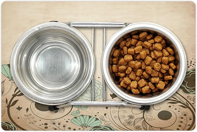 Lunarable Abstract Pet Mat for Food and Water, Old Dated Vintage Retro Antique Image with Floral Swirls Art Print, Non-Slip Rubber Mat for Dogs and Cats, 18" X 12", Brown Turquoise