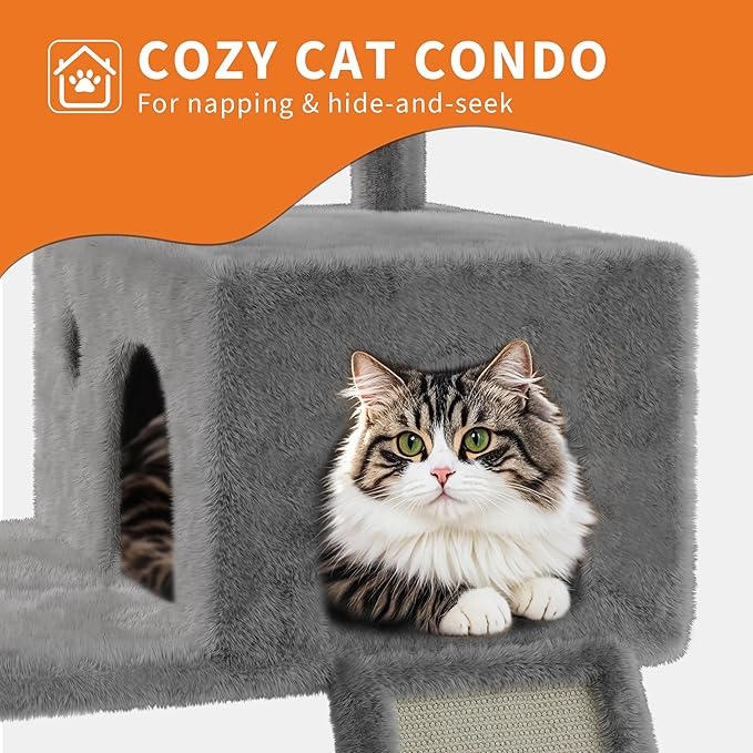 68.5 Inch Multi-Level Cat Tree, Plush Cat Tower with Condo/Sisal Scratching Posts/Hammocks/Basket/Dangling Ball/Platform, Heavy Duty Cats Tree to Play and Sleep, 2605#Light Grey