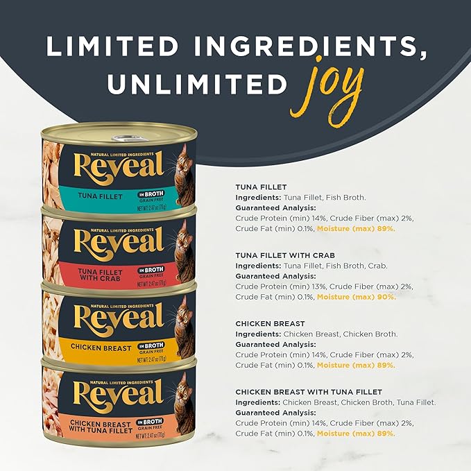 Reveal Natural Wet Canned Cat Food, Limited Ingredient, Grain Free, Protein with No Artificial Additives, Fish and Chicken Variety in Broth (20 x 2.47 oz Cans)