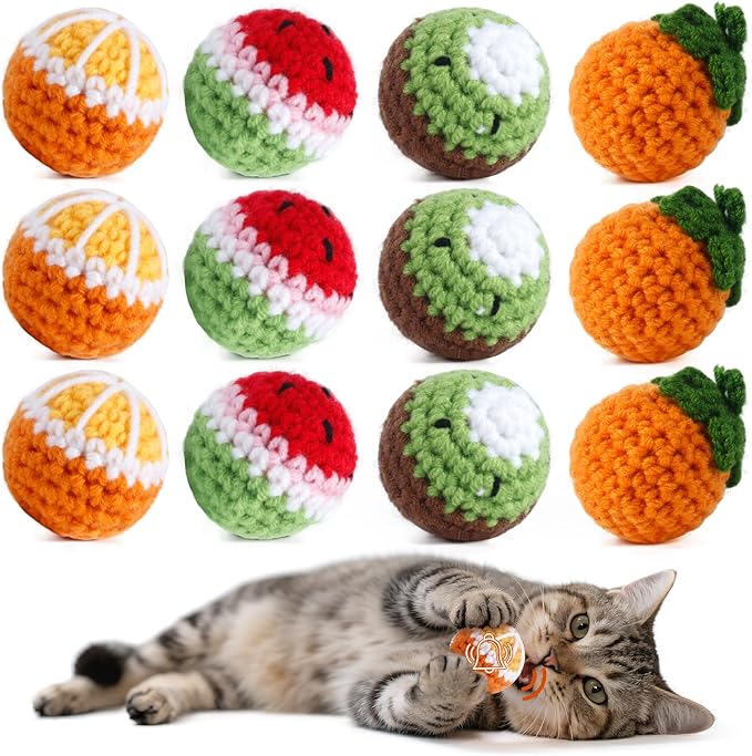 12 Pack Cat Toy Balls, Hand-Knitted Woolen Yarn Cat Balls Toy with Bell Inside, Interactive Kitty Toys for Indoor Kitten Teething, Chasing & Self Play(Fruit-Shaped)