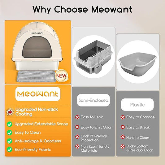 Meowant Stainless Steel Cat Litter Box, Extra Large 3-in-1 Covered Litter Box with High Sided Oxford Fabric Cover & Extendable Litter Scoop, Leakproof, Odor Resistant, Non-Sticky, Easy Cleaning