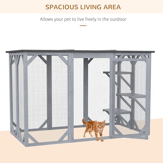 PawHut Outdoor Cat House - Wooden Feral Cat Shelter with Platforms, Large Entrance, Weather Protection Asphalt Roof, 71" L, Gray