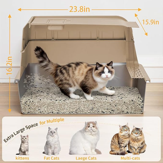 Stainless Steel Litter Box with Lid, XL Extra Large Cat Litter Box, Enclosed Metal Litter Pan with High Sided Enclosure & Scoop, Anti Leakage, Easy to Clean, Odor Control(Khaki)