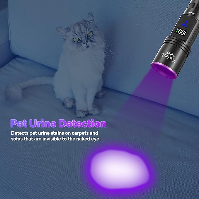 365nm Black Light Flashlight, UV Flashlight Rechargeable with LCD Display, Powerful Ultraviolet Lights for Pet Urine Detection, Resin Curing, Minerals, Blood tracking, Scorpion, Uranium Glass, A/CLeak