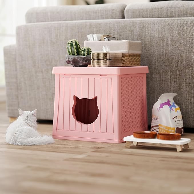 Heavy Duty Cat House Waterproof, Hidden Cat Litter Box Enclosure with Flip Lid for Easy Cleaning, Extra Thick Insulated Cat House Outdoor, Winter Feral Cat Shelter Weatherproof, Blush