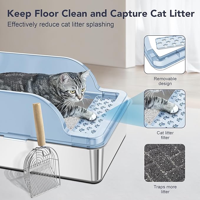 UPSKY Stainless Steel Cat Litter Box with Lid, XL Large Metal Litter Box for Large Breeds, Enclosed Kitty Litter Pan with High Sides, Leak-Proof & Non-Stick, Easy to Clean, Scoop and Mat Included