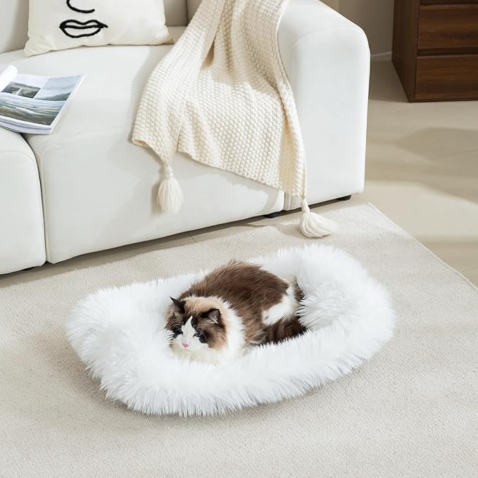 Fluffy Dog Cat Bed Mat 19.6x31.4 inch, Washable Soft Plush Faux Fur Warm Area Puppy Pads Blanket for Indoor Pet Sleep Cushion White