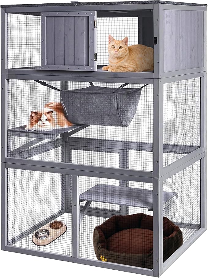 Wooden Cat House Outdoor Cat Enclosure with 3 Floors and Weatherproof Roof Indoor Large Cat Catio for Cats with Hammock & Resting Box