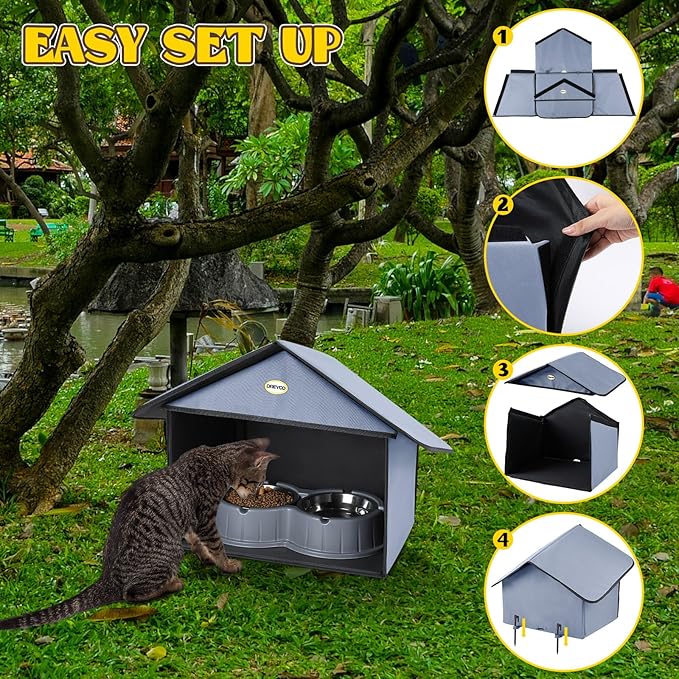 Dreyoo Cat Houses & Condos Outdoor Cat Feeding Station for Food & Water, Weatherproof Outdoor Kitty Dining Room Cats Shelter for Stray, Feral and Community Cats, 13”d x 17”w x 15.5'h(Dusty Blue)