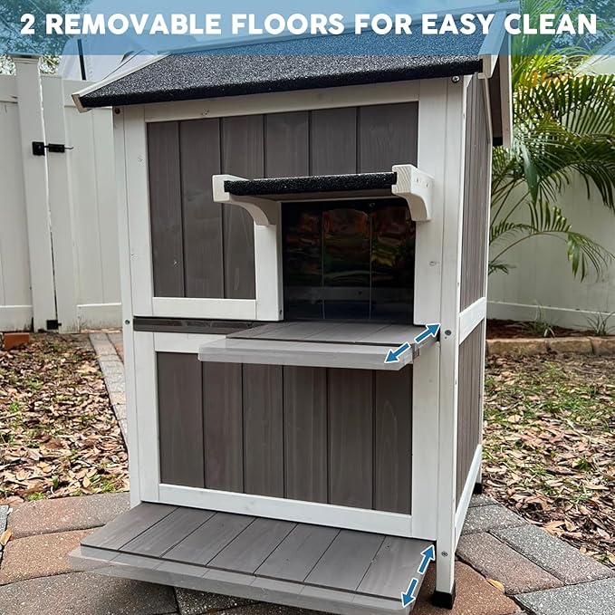 Cat House for Outdoor Cats Outdoor Cat House Weatherproof, 2 Story Feral Cat Shelter for Winter, Wooden Kitty House Home Enclosure Outside with Waterproof Roof