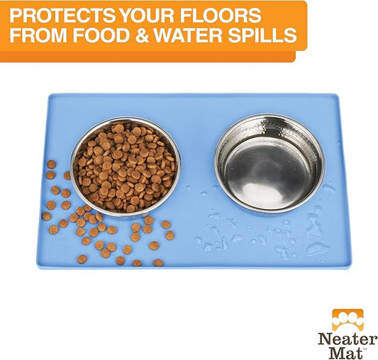 Neater Pet Brands Neater Mat Pet Mats for Food and Water, Cat & Dog Bowl Mat Waterproof Silicone, Feeding Tray, Dog Food Mats for Floors, Placemat w/Raised Edge for Under Bowls, 19” x 12”, Light Blue
