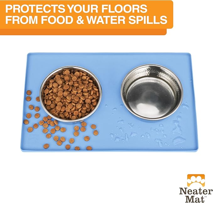 Neater Pet Brands Neater Mat Pet Mats for Food and Water, Cat & Dog Bowl Mat Waterproof Silicone, Feeding Tray, Dog Food Mats for Floors, Placemat w/Raised Edge for Under Bowls, 16” x 10”, Light Blue