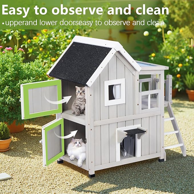 Outdoor Cat House, Cat Shelter for Feral Cats, Weatherproof 2-Story Wooden Cat House with Escape Door for 2-3 Cats