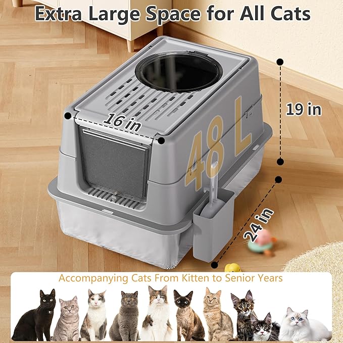 Stainless Steel Litter Box with Lid, XXL Extra Large Metal Cat Litter Boxes for Big Cats Enclosed, Easy to Scoop with Litter Scoop Set, High Sides Enclosure Anti-Urine Leakage Non-Sticky, Black