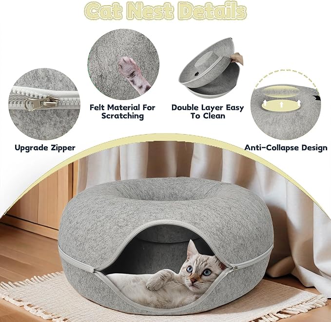 Donut Cat Tunnel Bed Peekaboo Cat Cave for Large Cats Up to 30 Lbs, Kitty Interactive Playing Tent House for Multiple Cats,Detachable,Scratch Resistant (Light Gray, Medium - 20 Inch Diameter)