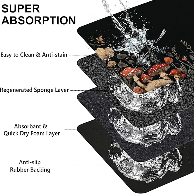 Vintage Mushroom Flower Pet Cat Dog Food Mat-Absorbent Quick Dry Feeding Placemat for Water and Food, No Stains Rubber Base Mat for Indoor Use, Pet Accessories 12"x20"