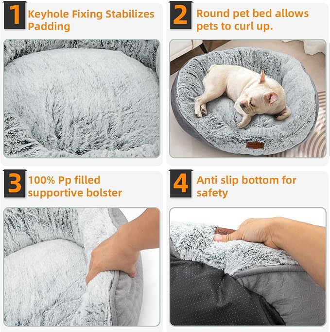 Dog Beds for Medium & Small Dogs - Round Cat Beds for Indoor Cats, Washable Pet Bed for Puppy and Kitten with Slip-Resistant Bottom (Light Grey, 25" L x 22" W x 8" Th)