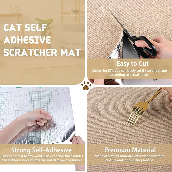 Climbing Cat Scratcher Mat Trimmable Cat Scratching Post Carpet 157.4’’x15.8’’ Self Adhesive Carpet Mat Pad Replacement for Cat Tree Shelves Post Couch Wall Furniture Steps DIY Protector (Beige)