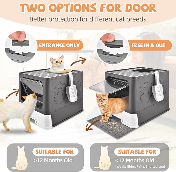 Cat Litter Box with Litter Mat, Foldable Extra Large Free in and Out/One-Way with Lid, Drawer Type Enclosed Kitty Litter Box,Odor Control Anti-Splashing Easy Cleaning (Dark Grey)