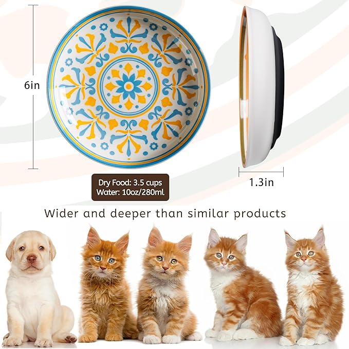 Non-Slip Cat Bowls, Ceramic Cat Food Bowl Set with Silicone Base, Cats Dishes, Cute Plates for Feeding Indoor Cats, Kitten, Small Dogs (Multi, Deeper)